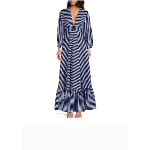 NWT Gianni Bini Maxi Dress 2 Navy White Grey Genevieve Striped Nautical Glam - Picture 2 of 10